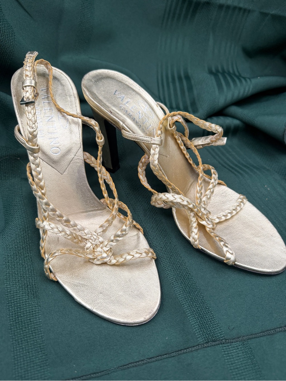 Valentino Garavani Gold Metallic Leather Braided Strappy Heels EU 37